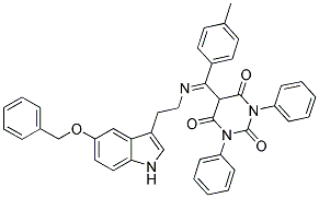 (E)-5-((2-(5-(BENZYLOXY)-1H-INDOL-3-YL)ETHYLIMINO)(P-TOLYL)METHYL)-1,3-DIPHENYLPYRIMIDINE-2,4,6(1H,3H,5H)-TRIONE Struktur