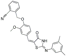 2-((4-((E)-((E)-2-(3,5-DIMETHYLPHENYLIMINO)-4-OXOTHIAZOLIDIN-5-YLIDENE)METHYL)-2-METHOXYPHENOXY)METHYL)BENZONITRILE Struktur