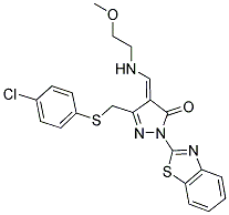 (4E)-2-(1,3-BENZOTHIAZOL-2-YL)-5-{[(4-CHLOROPHENYL)THIO]METHYL}-4-{[(2-METHOXYETHYL)AMINO]METHYLENE}-2,4-DIHYDRO-3H-PYRAZOL-3-ONE Struktur