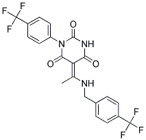 (5E)-5-(1-{[4-(TRIFLUOROMETHYL)BENZYL]AMINO}ETHYLIDENE)-1-[4-(TRIFLUOROMETHYL)PHENYL]PYRIMIDINE-2,4,6(1H,3H,5H)-TRIONE Struktur