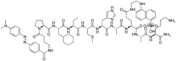 DABCYL-(G-ABU)-P-CHA-ABU-SMC-HA-E(EDANS)-AK-NH2 Struktur