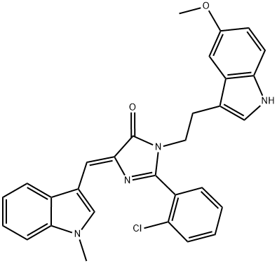 (Z)-2-(2-CHLOROPHENYL)-1-(2-(5-METHOXY-1H-INDOL-3-YL)ETHYL)-4-((1-METHYL-1H-INDOL-3-YL)METHYLENE)-1H-IMIDAZOL-5(4H)-ONE Struktur