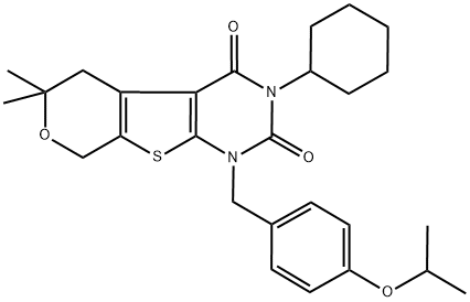 3-CYCLOHEXYL-1-(4-ISOPROPOXYBENZYL)-6,6-DIMETHYL-1,5,6,8-TETRAHYDRO-2H-PYRANO[4',3':4,5]THIENO[2,3-D]PYRIMIDINE-2,4(3H)-DIONE Struktur