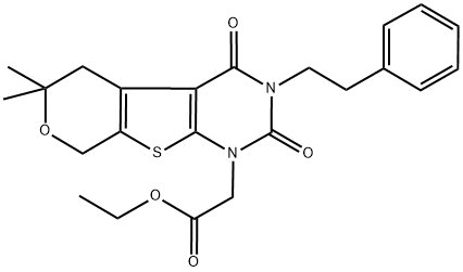 ETHYL 2-[6,6-DIMETHYL-2,4-DIOXO-3-PHENETHYL-3,4,5,8-TETRAHYDRO-2H-PYRANO[4',3':4,5]THIENO[2,3-D]PYRIMIDIN-1(6H)-YL]ACETATE Struktur