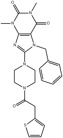 7-BENZYL-1,3-DIMETHYL-8-[4-(THIEN-2-YLACETYL)PIPERAZIN-1-YL]-3,7-DIHYDRO-1H-PURINE-2,6-DIONE Struktur