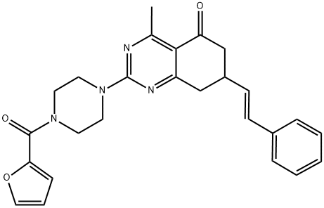 (E)-2-(4-(FURAN-2-CARBONYL)PIPERAZIN-1-YL)-4-METHYL-7-STYRYL-7,8-DIHYDROQUINAZOLIN-5(6H)-ONE Struktur