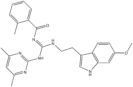 (E)-N-((4,6-DIMETHYLPYRIMIDIN-2-YLAMINO)(2-(6-METHOXY-1H-INDOL-3-YL)ETHYLAMINO)METHYLENE)-2-METHYLBENZAMIDE Struktur