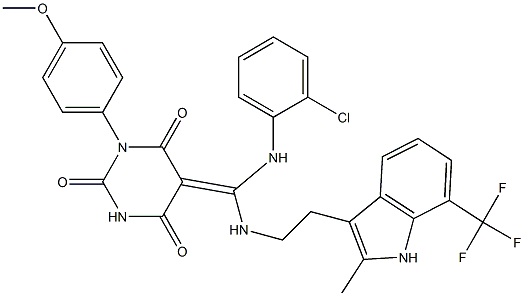 (Z)-5-((2-CHLOROPHENYLAMINO)(2-(2-METHYL-7-(TRIFLUOROMETHYL)-1H-INDOL-3-YL)ETHYLAMINO)METHYLENE)-1-(4-METHOXYPHENYL)PYRIMIDINE-2,4,6(1H,3H,5H)-TRIONE Struktur