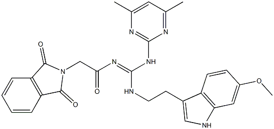 (E)-N-((4,6-DIMETHYLPYRIMIDIN-2-YLAMINO)(2-(6-METHOXY-1H-INDOL-3-YL)ETHYLAMINO)METHYLENE)-2-(1,3-DIOXOISOINDOLIN-2-YL)ACETAMIDE Struktur