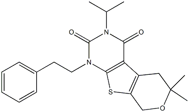 3-ISOPROPYL-6,6-DIMETHYL-1-PHENETHYL-1,5,6,8-TETRAHYDRO-2H-PYRANO[4',3':4,5]THIENO[2,3-D]PYRIMIDINE-2,4(3H)-DIONE Struktur