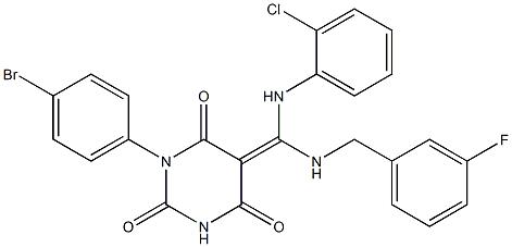 (Z)-1-(4-BROMOPHENYL)-5-((2-CHLOROPHENYLAMINO)(3-FLUOROBENZYLAMINO)METHYLENE)PYRIMIDINE-2,4,6(1H,3H,5H)-TRIONE Struktur