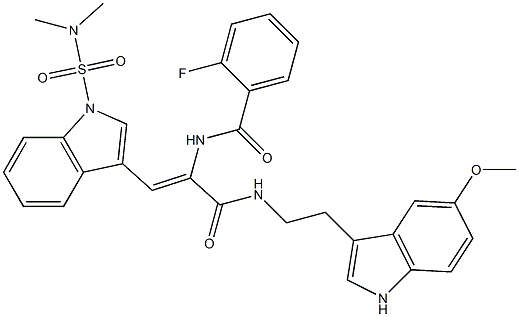 (Z)-N-(1-(1-(N,N-DIMETHYLSULFAMOYL)-1H-INDOL-3-YL)-3-(2-(5-METHOXY-1H-INDOL-3-YL)ETHYLAMINO)-3-OXOPROP-1-EN-2-YL)-2-FLUOROBENZAMIDE Struktur