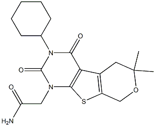 2-[3-CYCLOHEXYL-6,6-DIMETHYL-2,4-DIOXO-3,4,5,8-TETRAHYDRO-2H-PYRANO[4',3':4,5]THIENO[2,3-D]PYRIMIDIN-1(6H)-YL]ACETAMIDE Struktur