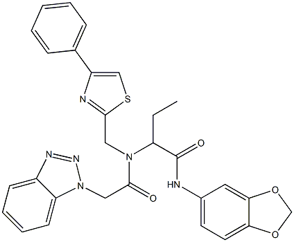 2-(2-(1H-BENZO[D][1,2,3]TRIAZOL-1-YL)-N-((4-PHENYLTHIAZOL-2-YL)METHYL)ACETAMIDO)-N-(BENZO[D][1,3]DIOXOL-5-YL)BUTANAMIDE Struktur