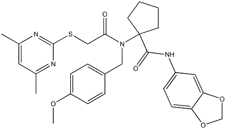 N-(BENZO[D][1,3]DIOXOL-5-YL)-1-(2-(4,6-DIMETHYLPYRIMIDIN-2-YLTHIO)-N-(4-METHOXYBENZYL)ACETAMIDO)CYCLOPENTANECARBOXAMIDE Struktur