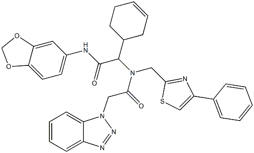 2-(2-(1H-BENZO[D][1,2,3]TRIAZOL-1-YL)-N-((4-PHENYLTHIAZOL-2-YL)METHYL)ACETAMIDO)-N-(BENZO[D][1,3]DIOXOL-5-YL)-2-(CYCLOHEX-3-ENYL)ACETAMIDE Struktur