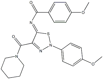 4-METHOXY-N-[2-(4-METHOXYPHENYL)-4-(1-PIPERIDINYLCARBONYL)-1,2,3-THIADIAZOL-5(2H)-YLIDENE]BENZAMIDE Struktur