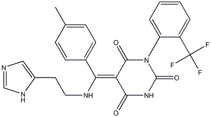 5-[(E)-{[2-(1H-IMIDAZOL-5-YL)ETHYL]AMINO}(4-METHYLPHENYL)METHYLIDENE]-1-[2-(TRIFLUOROMETHYL)PHENYL]-2,4,6(1H,3H,5H)-PYRIMIDINETRIONE Struktur