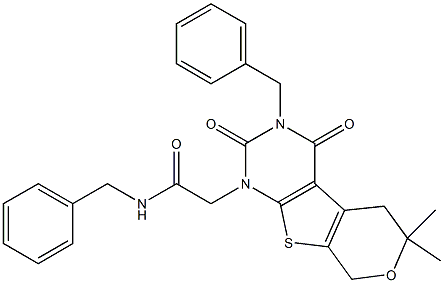 N-BENZYL-2-[3-BENZYL-6,6-DIMETHYL-2,4-DIOXO-3,4,5,8-TETRAHYDRO-2H-PYRANO[4',3':4,5]THIENO[2,3-D]PYRIMIDIN-1(6H)-YL]ACETAMIDE Struktur