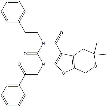 6,6-DIMETHYL-1-(2-OXO-2-PHENYLETHYL)-3-PHENETHYL-1,5,6,8-TETRAHYDRO-2H-PYRANO[4',3':4,5]THIENO[2,3-D]PYRIMIDINE-2,4(3H)-DIONE Struktur