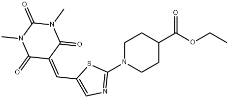 ETHYL 1-(5-([1,3-DIMETHYL-2,4,6-TRIOXOTETRAHYDRO-5(2H)-PYRIMIDINYLIDEN]METHYL)-1,3-THIAZOL-2-YL)-4-PIPERIDINECARBOXYLATE Struktur