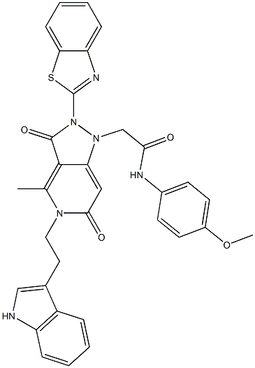 2-(5-(2-(1H-INDOL-3-YL)ETHYL)-2-(BENZO[D]THIAZOL-2-YL)-4-METHYL-3,6-DIOXO-2,3,5,6-TETRAHYDROPYRAZOLO[4,3-C]PYRIDIN-1-YL)-N-(4-METHOXYPHENYL)ACETAMIDE Struktur