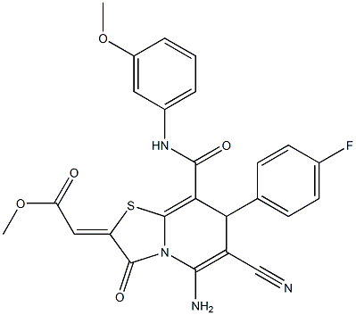 (Z)-METHYL 2-(5-AMINO-6-CYANO-7-(4-FLUOROPHENYL)-8-(3-METHOXYPHENYLCARBAMOYL)-3-OXO-3H-THIAZOLO[3,2-A]PYRIDIN-2(7H)-YLIDENE)ACETATE Struktur