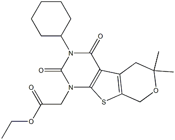 ETHYL 2-[3-CYCLOHEXYL-6,6-DIMETHYL-2,4-DIOXO-3,4,5,8-TETRAHYDRO-2H-PYRANO[4',3':4,5]THIENO[2,3-D]PYRIMIDIN-1(6H)-YL]ACETATE Struktur