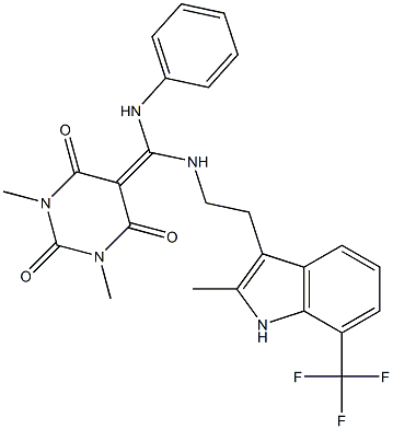 1,3-DIMETHYL-5-((2-(2-METHYL-7-(TRIFLUOROMETHYL)-1H-INDOL-3-YL)ETHYLAMINO)(PHENYLAMINO)METHYLENE)PYRIMIDINE-2,4,6(1H,3H,5H)-TRIONE Struktur