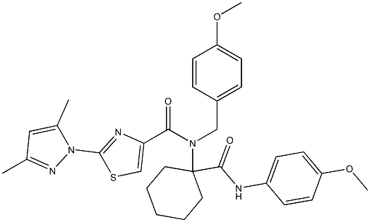 2-(3,5-DIMETHYL-1H-PYRAZOL-1-YL)-N-(4-METHOXYBENZYL)-N-(1-(4-METHOXYPHENYLCARBAMOYL)CYCLOHEXYL)THIAZOLE-4-CARBOXAMIDE Struktur