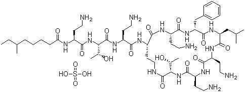 CAS # 1405-20-5, Polymyxin B sulfate, N-[3-Amino-1-[[1-[[3-amino-1-[[6,9,18-tris(2-aminoethyl)-15-benzyl-3-(1-hydroxyethyl)-12-(2-methylpropyl)-2,5,8,11,14,17,20-heptaoxo-1,4,7,10,13,16,19-heptazacyclotricos-21-yl]carbamoyl]propyl]carbamoyl]-2-hydroxy-propyl]carbamoyl]propyl]-6-methyl-octanamide sulfuric acid