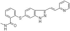 CAS 登錄號：319460-85-0, 阿西替尼, N-甲基-2-((3-((1E)-2-(吡啶-2-基)乙烯)-1H-吲唑-6-基)硫)苯甲酰胺